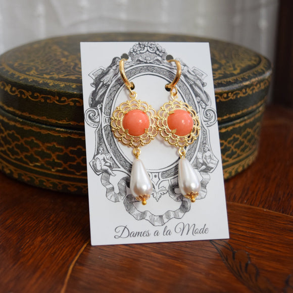 Renaissance Coral, Filigree, and Pearl Earrings