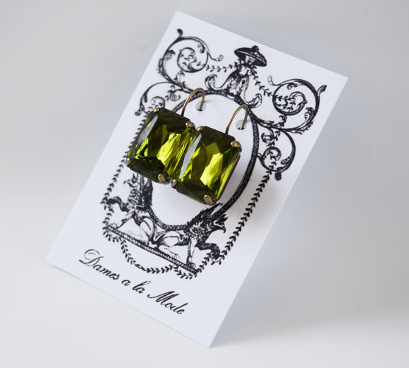 Olive Green Crystal Earrings - Large Octagon