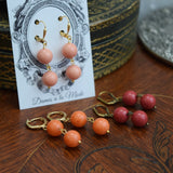Pink Coral Earrings - Double Bead Hoop