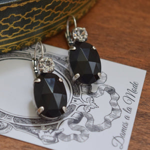Black Onyx and Crystal 2-Stone Crystal Earrings - Large Oval