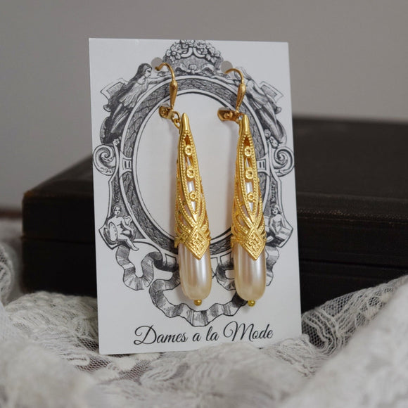 Pearl and Filigree Earrings - Long Pearl