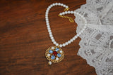 Renaissance Pendant or Necklace - Blue, Red, and Pearl on Filigree
