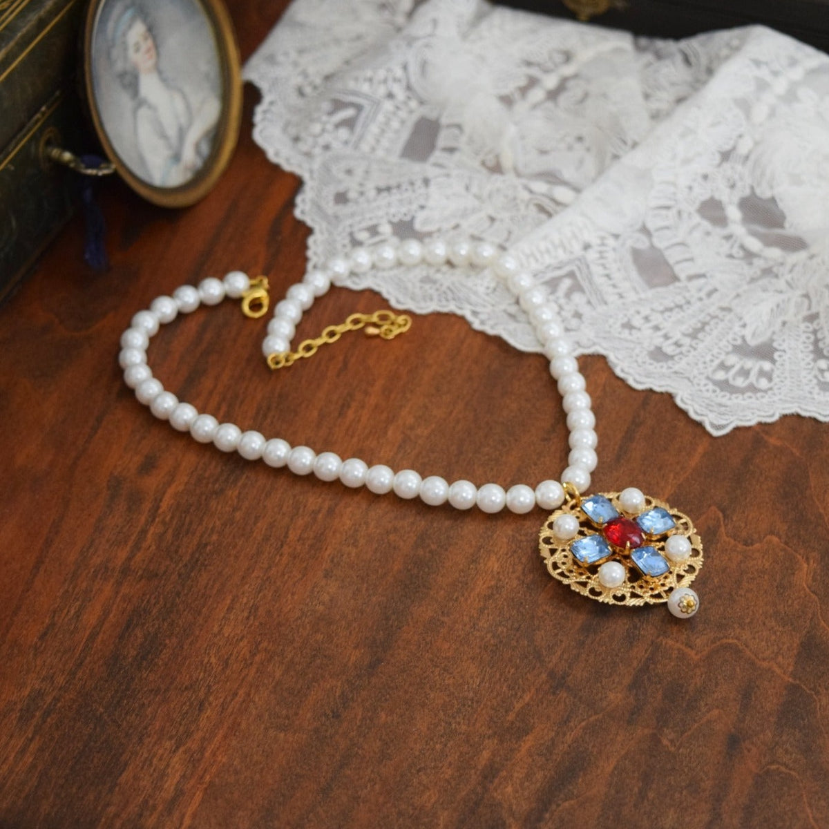 Renaissance Pendant or Necklace - Blue, Red, and Pearl on Filigree ...
