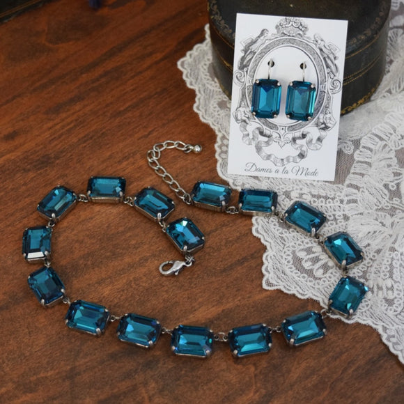 Dark Teal Blue Aurora Crystal Collet Necklace - Large Octagon