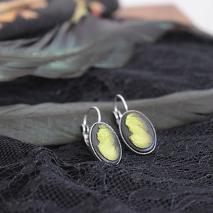 Cameo Earrings - Black and Green Glass - Large Oval
