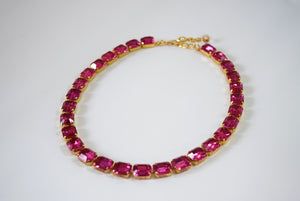 Dark Pink Crystal Collet Necklace - Small Octagon