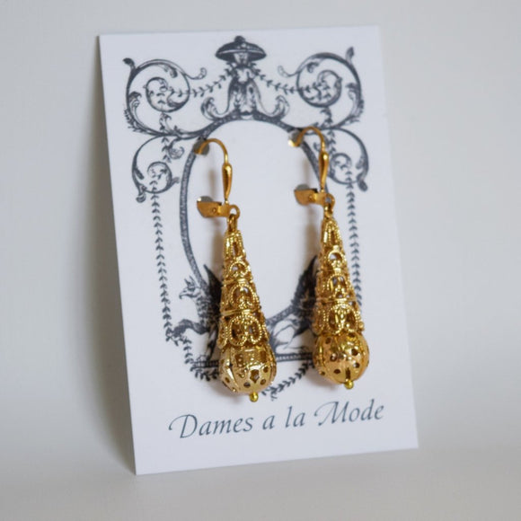 Gold Filigree Teardrop Earrings - Victorian Era