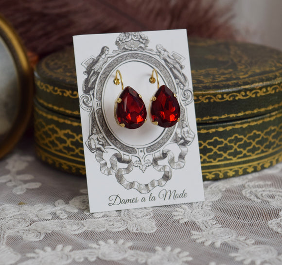 Dark Red Garnet Earring - Large Teardrop