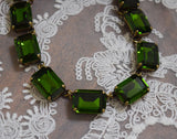 Olive Green Aurora Crystal Collet Necklace - Large Octagon