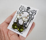 Olive Green and Crystal Teardrop Earrings