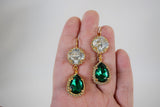Emerald Teardrop Crystal Halo Earrings - Two Stone