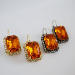 Orange Topaz Halo Crystal Earrings - Large Octagon