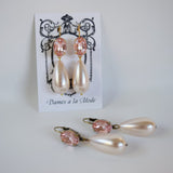 Blush Pink Crystal and Pearl Dangles - Medium Oval Stones, Large Pearls