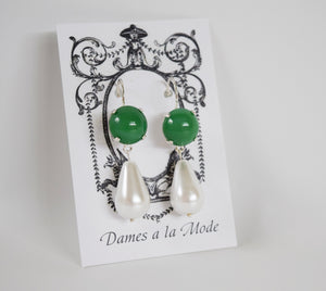 Green Glass Jade and Pearl Earrings