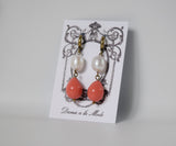 Pink Coral Shell and Pearl Earrings