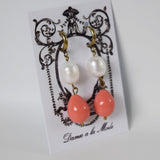 Pink Coral Shell and Pearl Earrings