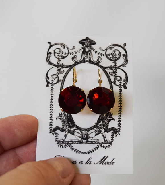 Garnet Red Crystal Earrings - Medium Round