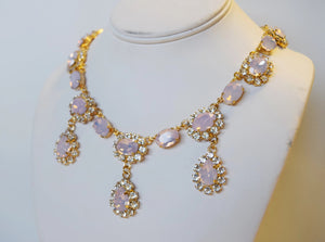 Pink Opal Halo Necklace with Teardrops - Medium Oval