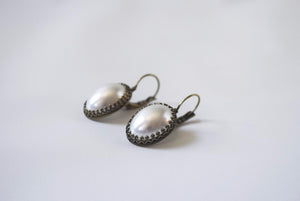 Pearl Cabochon Earrings with Crown Settings - Large Oval