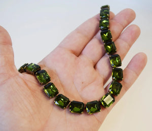 Olive Green Crystal Collet Necklace - Small Octagon