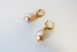 Large Pink Shell Pearl Hoop Teardrop Earrings