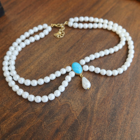 Festoon Necklace - Pearl and Turquoise with Dangle
