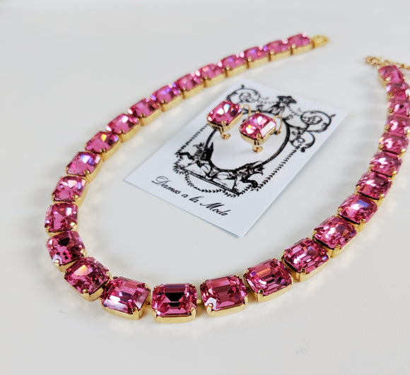 Rose Pink Topaz Crystal Collet Necklace - Small Octagon
