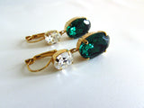 Emerald and Crystal Earrings - Large Oval 2 stone Dangles
