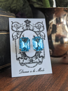 Aquamarine Blue Crystal Earrings - Large Octagon