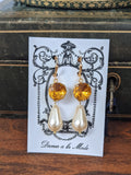 Orange Topaz and Pearl Earrings - Small Round, Medium Pearl