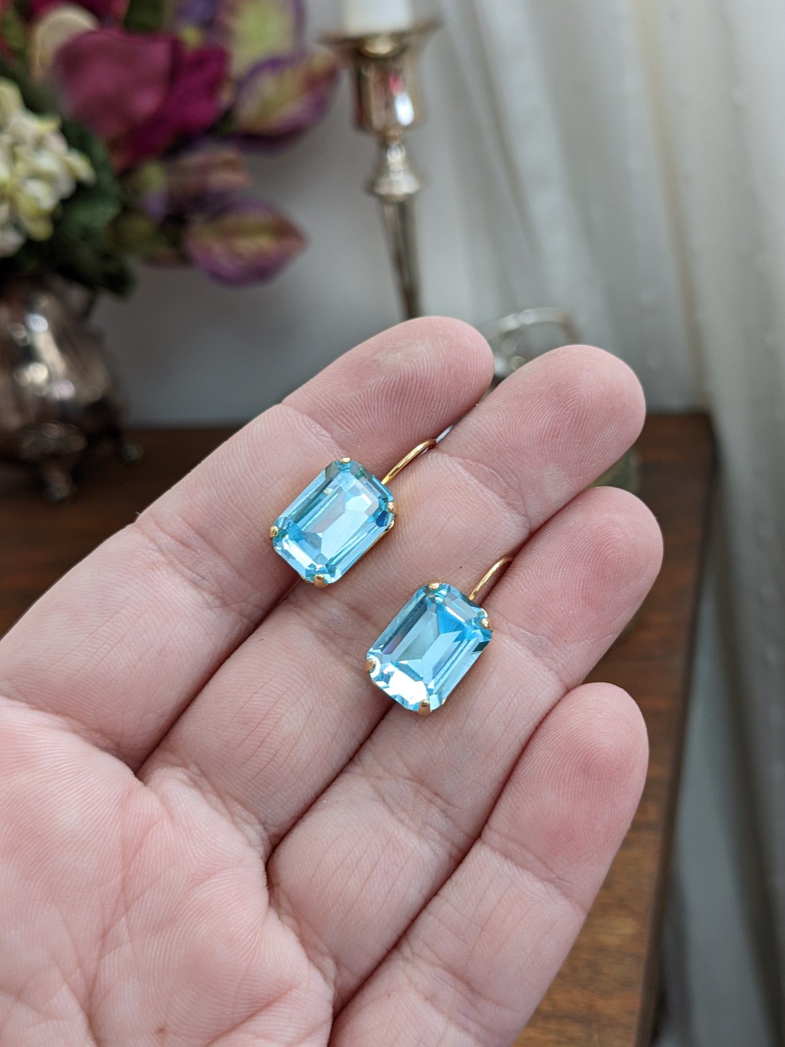 Aquamarine Swarovski Crystal Earrings Medium Octagon SALE