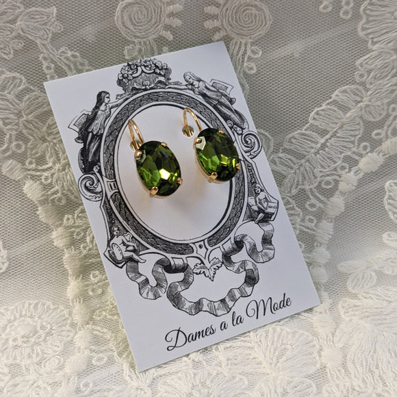 Olive Green Crystal Earrings - Medium Oval