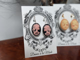 Skeleton Skull Cameo Earrings - Pink and Black - Large Oval