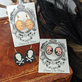 Skeleton Skull Cameo Earrings - Pink and Black - Large Oval
