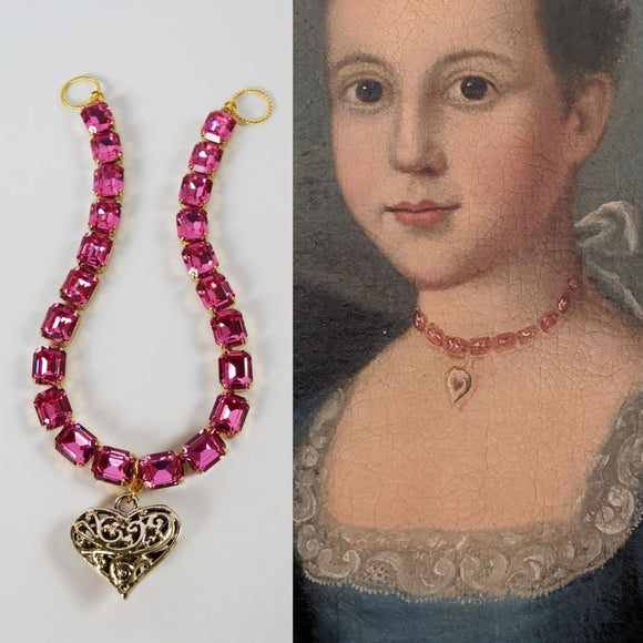 Pink Topaz 18th Century Collet Necklace with Heart Pendant