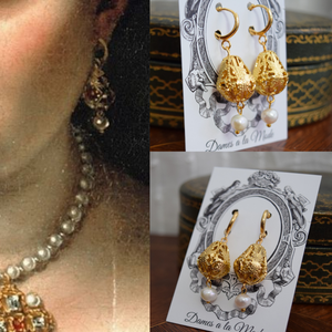 Renaissance Filigree Drop and Pearl Earrings