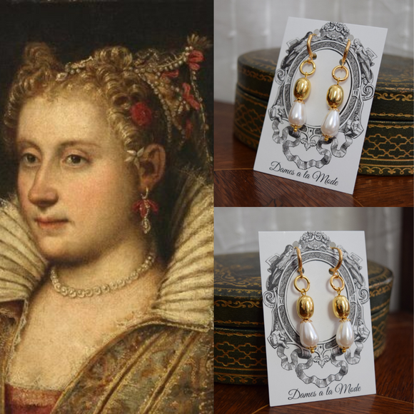 ON SALE! Renaissance Gold and Pearl Hoop Earrings