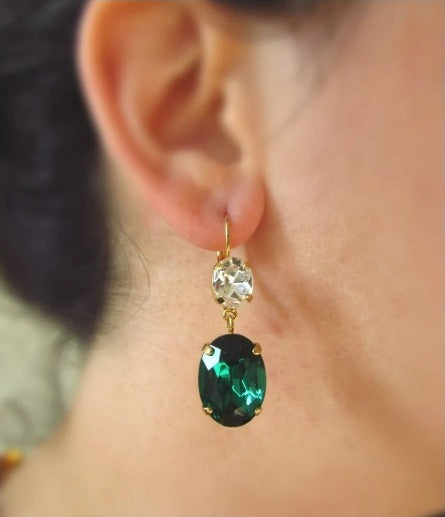 Emerald and Crystal Earrings - Large Oval 2 stone Dangles