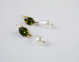 Olive Crystal and Pearl Earring - Medium Oval Stone, medium Pearl