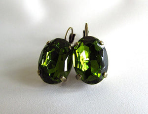 Olive Green Crystal Earrings - Large Oval
